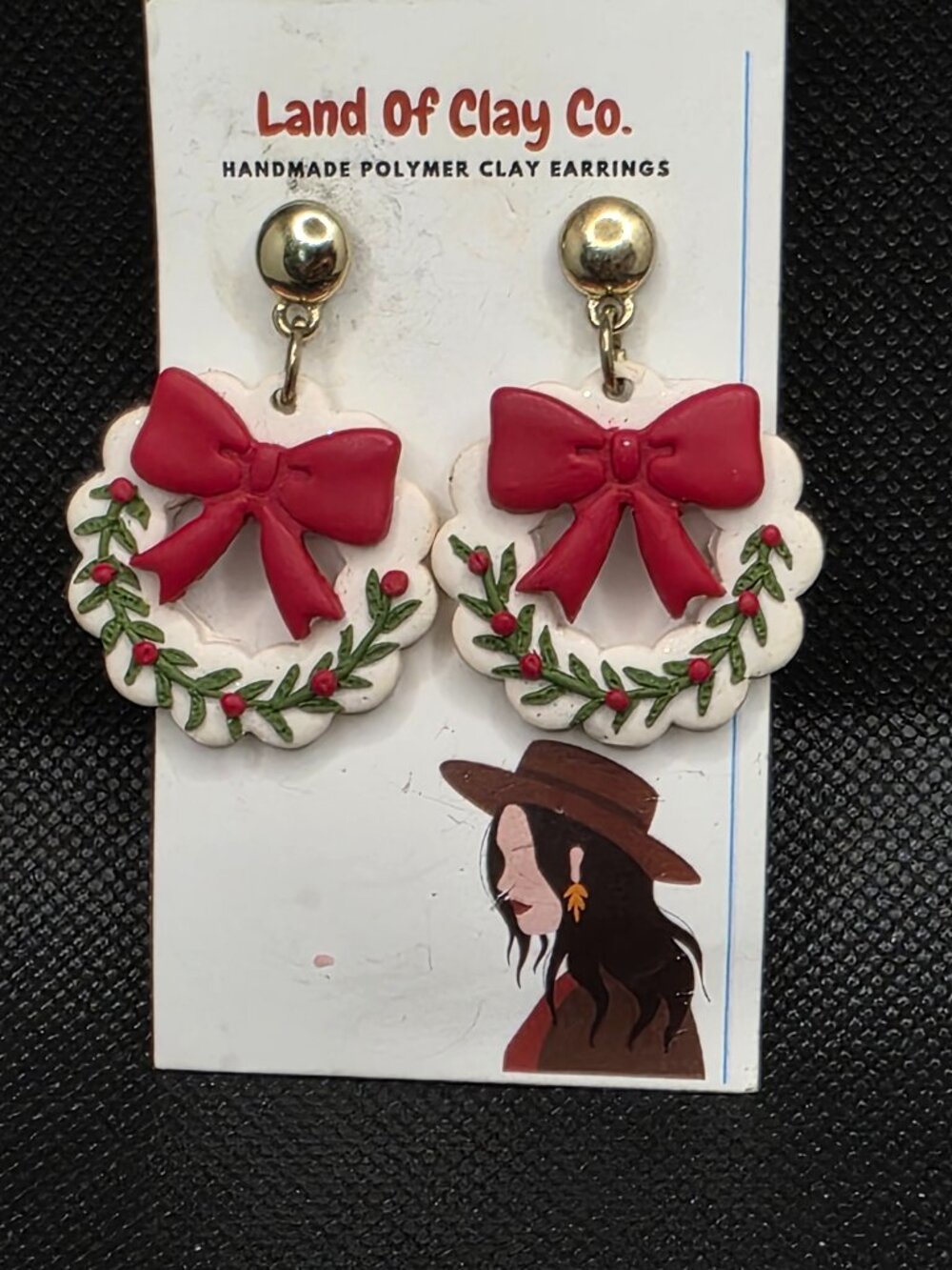 Land Of Clay Co. Handmade Christmas Wreath Polymer Clay Dangle Earrings Red Bow